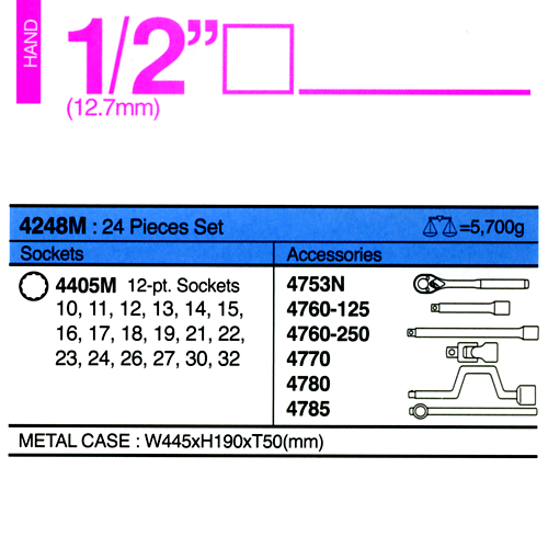 KOKEN(코켄) 1/2인치 mm타입 복스세트 4248M-6각(12각)